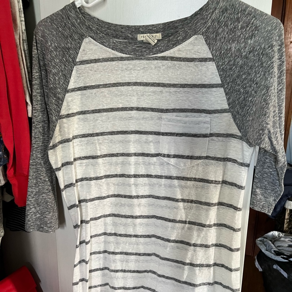 Forever 21 Striped Grey and White 3/4” Sleeves Tee with Pocket